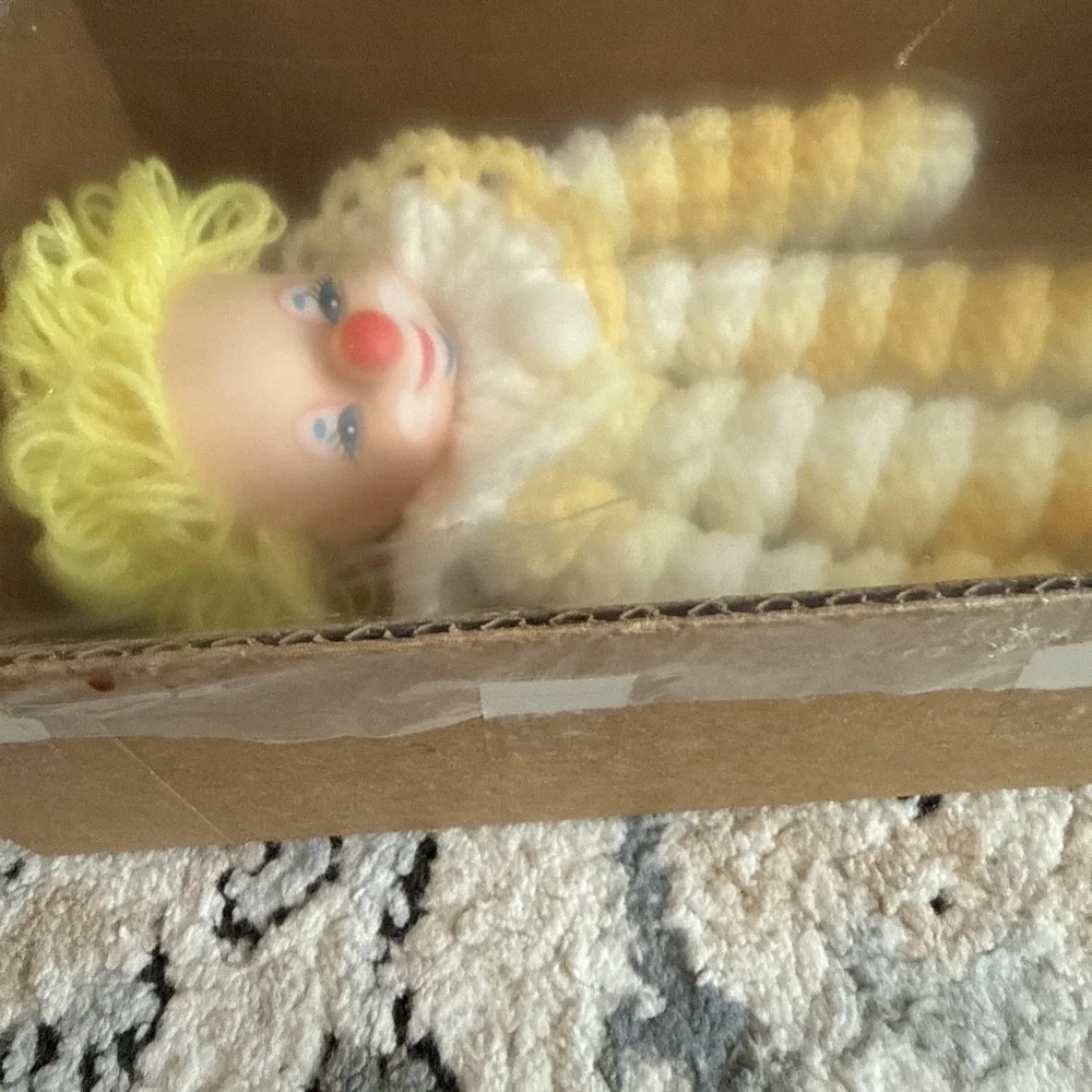 Vintage Handmade Spiral Crochet YOYO Clown Doll with Plastic Head Yellow New